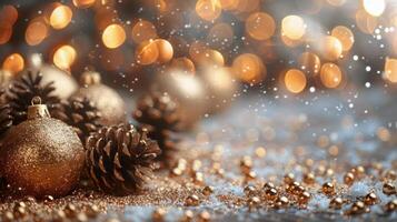 Golden Christmas Ornaments and Pine Cones With Bokeh Lights photo