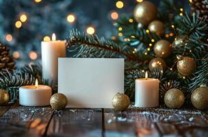 Blank Card Surrounded by Christmas Decor on Wooden Table photo