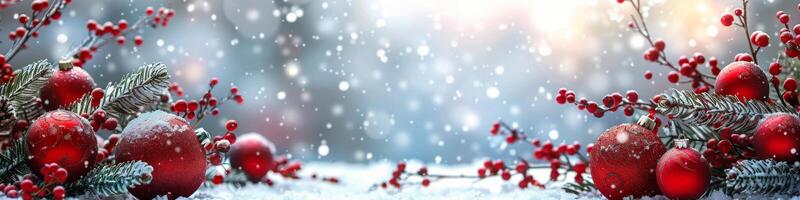 Festive Red Ornaments and Evergreen Branches Against a Sparkling Blue Background photo