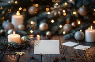 Blank Card With Christmas Ornaments and Lights on a Table photo