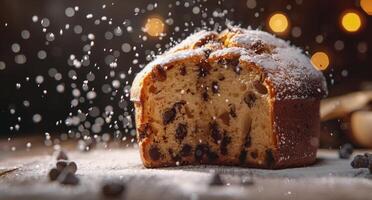 Chocolate Chip Bread Loaf With Powdered Sugar Sprinkles on Wooden Table photo