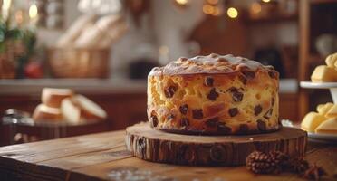 A Sliced Panettone Cake on a Silver Cake Stand in a Bakery Setting photo
