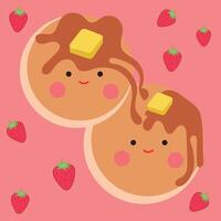 Hotcakes with a happy face pair of pancakes with butter and honey on top pink background and hearts around vector