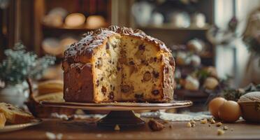 A Sliced Panettone Cake on a Silver Cake Stand in a Bakery Setting photo