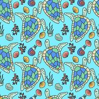 Hand drawn seamless pattern with sea turtle and seashells.Underwater life theme. vector