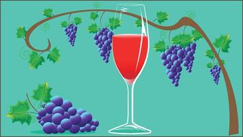 A branch of ripe, delicious grapes. A glass of fine wine, a glass of delicious grape juice. vector