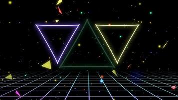 Retro style 80s-90s futuristic grid wireframe backdrop. Digital landscape neon retro party laser pattern background. video