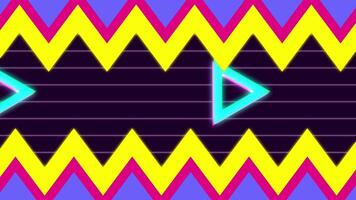 Retro style 90's design memphis vintage with zigzag frame background. Geometrical shapes. Bright glowing neon lights. Party concept. video