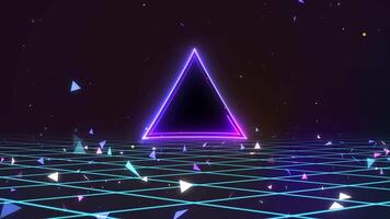 Retro style 80s-90s futuristic grid wireframe backdrop. Digital landscape neon retro party laser pattern background. video
