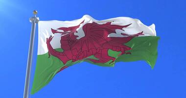 Flag of Wales waving at wind in slow with blue sky, loop video
