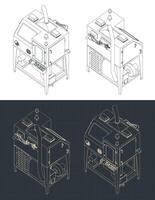 Auto rotary sand blasting machine isometric blueprints vector