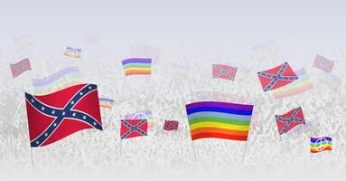 People waving Peace flags and flags of Confederate. Illustration of throng celebrating or protesting with flag of Confederate and the peace flag. vector