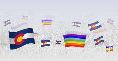 People waving Peace flags and flags of Colorado. Illustration of throng celebrating or protesting with flag of Colorado and the peace flag. vector
