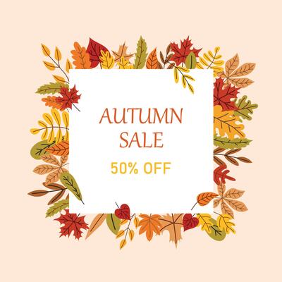 Template of square fall banner decorated with fallen tree leaves. Autumn Sale. Cute frame made of dry leaves. Decorative natural flat illustration for seasonal sale, advertising.