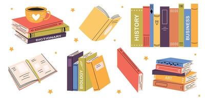 Cute book collection. Different stacks of books, open books. Educational theme. White isolated background. vector