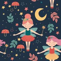 Seamless pattern with fairy moon leaves mushrooms vector