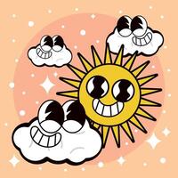 Sun and clouds groovy cartoon character vector