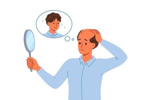 Problem of baldness in man looking in mirror and remembering presence of beautiful hair vector