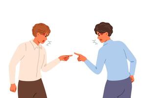 Quarrel office clerks finding out reasons for company low profits and shouting pointing fingers vector