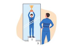 Man visualizes victory by standing in front of mirror and imagining leader gold cup vector