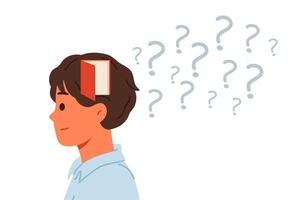 Memory problems in man standing near question marks with door in head, symbolizing alzheimer disease vector