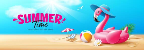 Summer time banner, Pink flamingo inflatable swimming pool ring float, beach umbrella, pile of sand, beach ball, on cloud and sky sand beach background vector