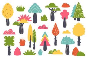 Set of Fall plants. Coniferous and deciduous trees isolated on white background. Forest and garden plants. Seasonal Botanical elements with color trees with lush crowns, foliage. Clipart. vector