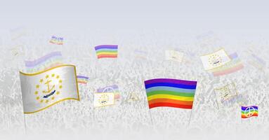 People waving Peace flags and flags of Rhode Island. Illustration of throng celebrating or protesting with flag of Rhode Island and the peace flag. vector