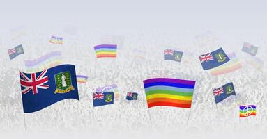 People waving Peace flags and flags of British Virgin Islands. Illustration of throng celebrating or protesting with flag of British Virgin Islands and the peace flag. vector