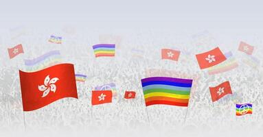 People waving Peace flags and flags of Hong Kong. Illustration of throng celebrating or protesting with flag of Hong Kong and the peace flag. vector