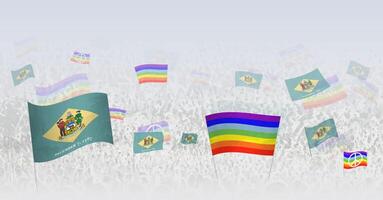 People waving Peace flags and flags of Delaware. Illustration of throng celebrating or protesting with flag of Delaware and the peace flag. vector