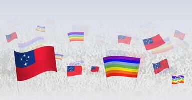 People waving Peace flags and flags of Samoa. Illustration of throng celebrating or protesting with flag of Samoa and the peace flag. vector