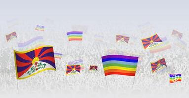 People waving Peace flags and flags of Tibet. Illustration of throng celebrating or protesting with flag of Tibet and the peace flag. vector