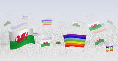 People waving Peace flags and flags of Wales. Illustration of throng celebrating or protesting with flag of Wales and the peace flag. vector