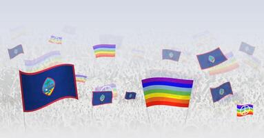 People waving Peace flags and flags of Guam. Illustration of throng celebrating or protesting with flag of Guam and the peace flag. vector