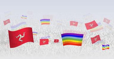 People waving Peace flags and flags of Isle of Man. Illustration of throng celebrating or protesting with flag of Isle of Man and the peace flag. vector