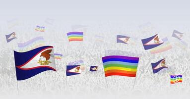 People waving Peace flags and flags of American Samoa. Illustration of throng celebrating or protesting with flag of American Samoa and the peace flag. vector
