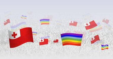 People waving Peace flags and flags of Tonga. Illustration of throng celebrating or protesting with flag of Tonga and the peace flag. vector