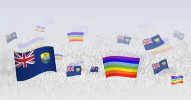 People waving Peace flags and flags of Saint Helena. Illustration of throng celebrating or protesting with flag of Saint Helena and the peace flag. vector