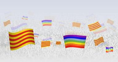 People waving Peace flags and flags of Catalonia. Illustration of throng celebrating or protesting with flag of Catalonia and the peace flag. vector