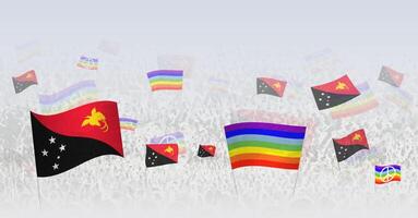 People waving Peace flags and flags of Papua New Guinea. Illustration of throng celebrating or protesting with flag of Papua New Guinea and the peace flag. vector