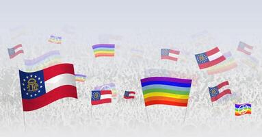 People waving Peace flags and flags of Georgia. Illustration of throng celebrating or protesting with flag of Georgia and the peace flag. vector