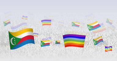 People waving Peace flags and flags of Comoros. Illustration of throng celebrating or protesting with flag of Comoros and the peace flag. vector