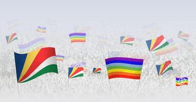 People waving Peace flags and flags of Seychelles. Illustration of throng celebrating or protesting with flag of Seychelles and the peace flag. vector