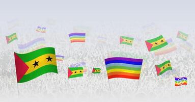 People waving Peace flags and flags of Sao Tome and Principe. Illustration of throng celebrating or protesting with flag of Sao Tome and Principe and the peace flag. vector