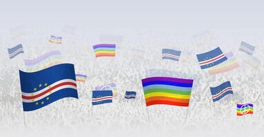 People waving Peace flags and flags of Cape Verde. Illustration of throng celebrating or protesting with flag of Cape Verde and the peace flag. vector