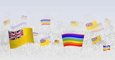 People waving Peace flags and flags of Niue. Illustration of throng celebrating or protesting with flag of Niue and the peace flag. vector