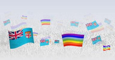 People waving Peace flags and flags of Fiji. Illustration of throng celebrating or protesting with flag of Fiji and the peace flag. vector