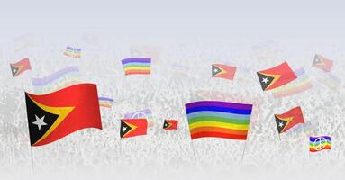 People waving Peace flags and flags of East Timor. Illustration of throng celebrating or protesting with flag of East Timor and the peace flag. vector