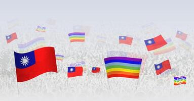 People waving Peace flags and flags of Taiwan. Illustration of throng celebrating or protesting with flag of Taiwan and the peace flag. vector